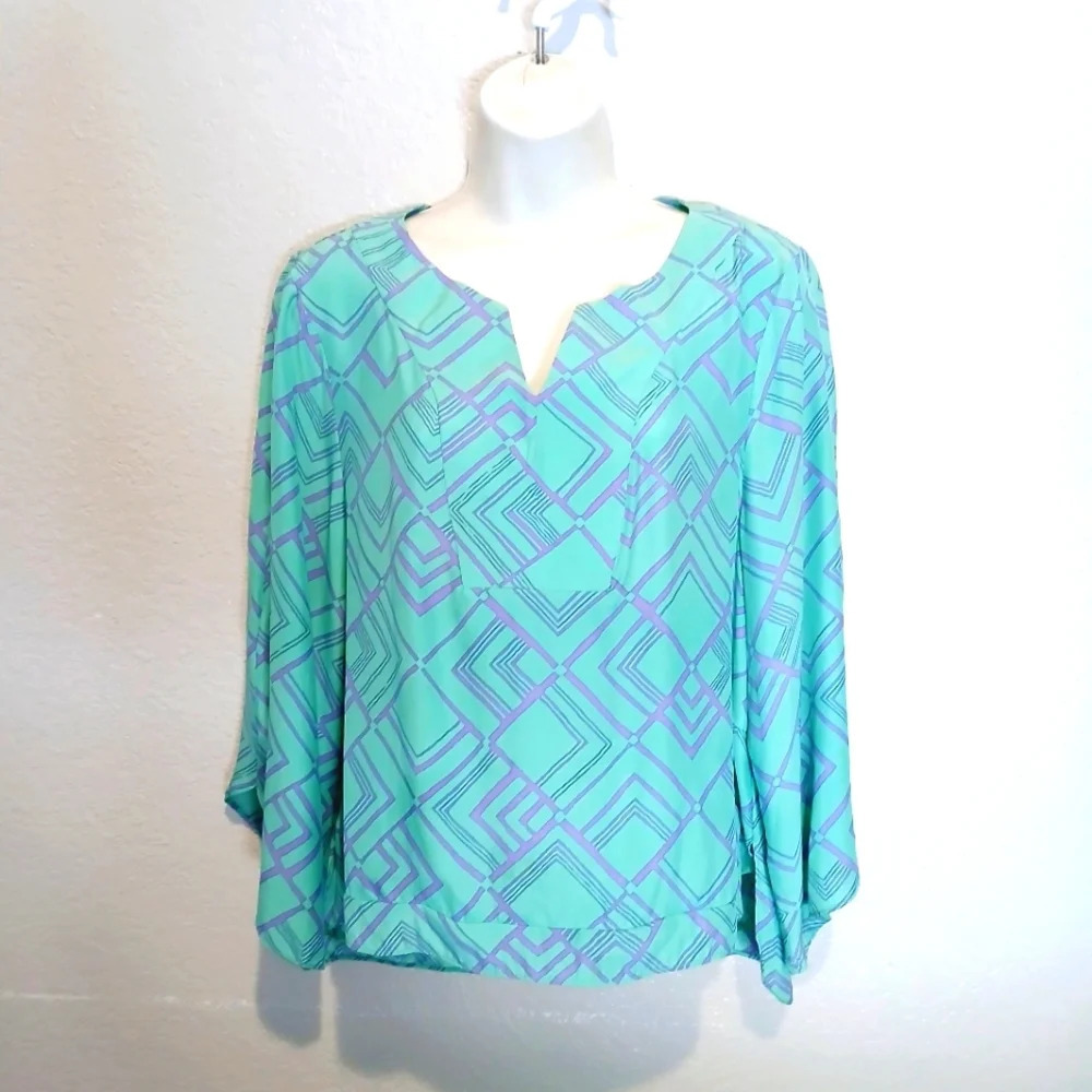 💚5/$25 Alice & Trixxie 100% Silk Teal Sea Green & Lavender Print Top Size XS